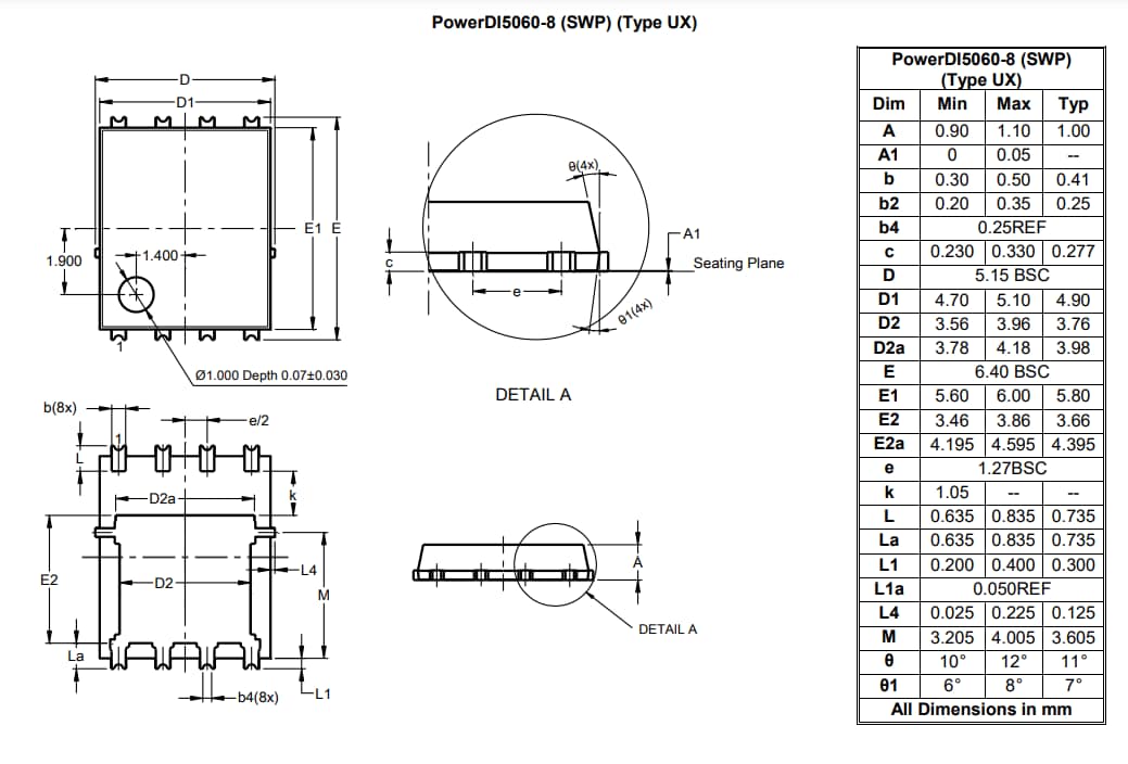 Mechanical Drawing - Diodes Incorporated DMTH15H017LPSWQ N-Channel Enhancement Mode MOSFET
